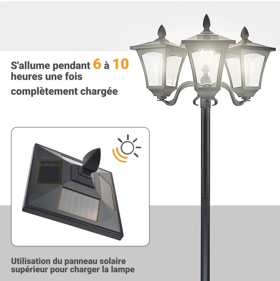 Outsunny solcellsdriven LED-trädgårdslampa med sensorer, 3 skärmar - H.182,5 cm - IP44