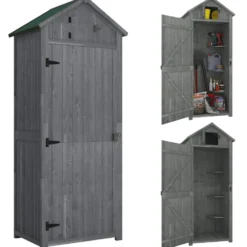 Outsunny trädgårdsskjul för utomhusbruk, redskapsskjul i trä, 3 hyllor, 2 dörrar med spärrar, sluttande bitumentak, utomhusförvaring, 77 x 54 x 179 cm, behandlad gran, grå