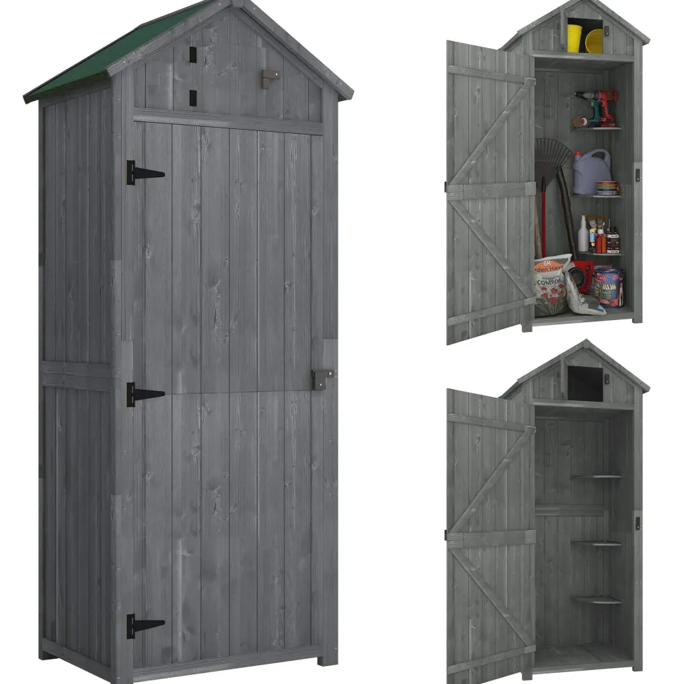 Outsunny trädgårdsskjul för utomhusbruk, redskapsskjul i trä, 3 hyllor, 2 dörrar med spärrar, sluttande bitumentak, utomhusförvaring, 77 x 54 x 179 cm, behandlad gran, grå