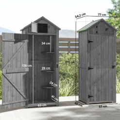 Outsunny trädgårdsskjul för utomhusbruk, redskapsskjul i trä, 3 hyllor, 2 dörrar med spärrar, sluttande bitumentak, utomhusförvaring, 77 x 54 x 179 cm, behandlad gran, grå