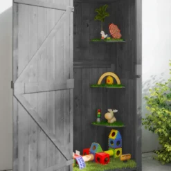 Outsunny trädgårdsskjul för utomhusbruk, redskapsskjul i trä, 3 hyllor, 2 dörrar med spärrar, sluttande bitumentak, utomhusförvaring, 77 x 54 x 179 cm, behandlad gran, grå