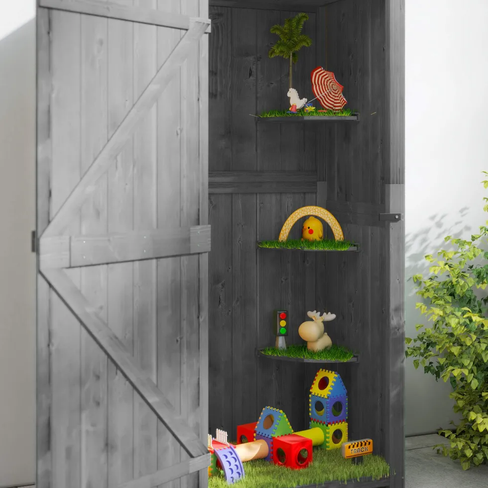 Outsunny trädgårdsskjul för utomhusbruk, redskapsskjul i trä, 3 hyllor, 2 dörrar med spärrar, sluttande bitumentak, utomhusförvaring, 77 x 54 x 179 cm, behandlad gran, grå