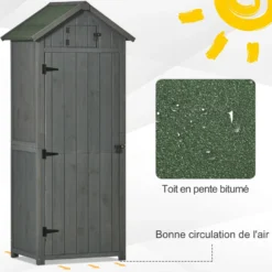 Outsunny trädgårdsskjul för utomhusbruk, redskapsskjul i trä, 3 hyllor, 2 dörrar med spärrar, sluttande bitumentak, utomhusförvaring, 77 x 54 x 179 cm, behandlad gran, grå
