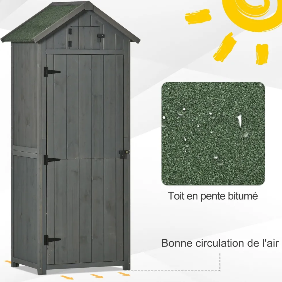 Outsunny trädgårdsskjul för utomhusbruk, redskapsskjul i trä, 3 hyllor, 2 dörrar med spärrar, sluttande bitumentak, utomhusförvaring, 77 x 54 x 179 cm, behandlad gran, grå