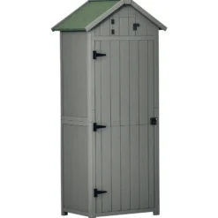 Outsunny trädgårdsskjul för utomhusbruk, redskapsskjul i trä, 3 hyllor, 2 dörrar med spärrar, sluttande bitumentak, utomhusförvaring, 77 x 54 x 179 cm, behandlad gran, grå