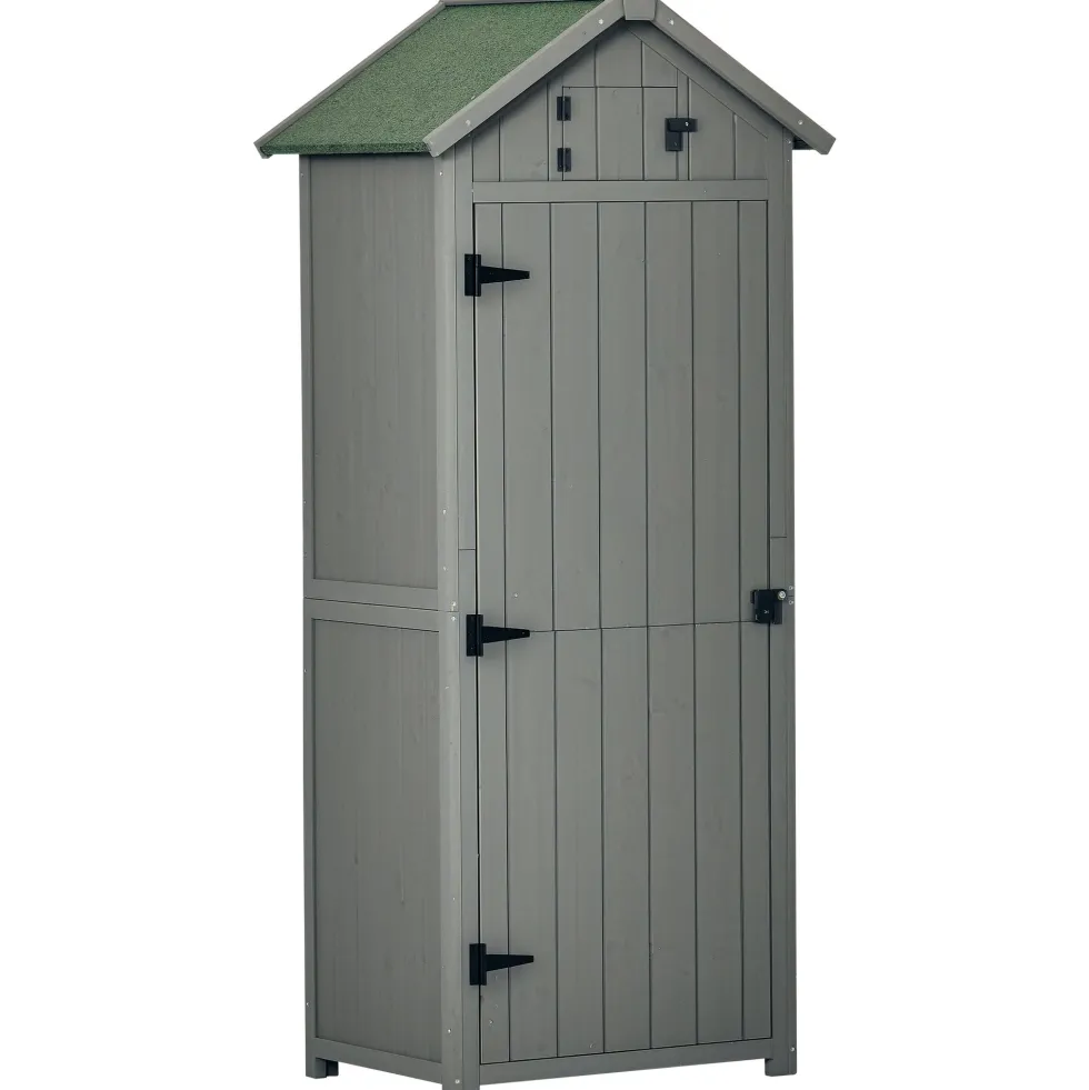 Outsunny trädgårdsskjul för utomhusbruk, redskapsskjul i trä, 3 hyllor, 2 dörrar med spärrar, sluttande bitumentak, utomhusförvaring, 77 x 54 x 179 cm, behandlad gran, grå