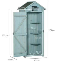 Outsunny trädgårdsskjul för utomhusbruk, redskapsskjul i trä, 3 hyllor, 2 dörrar med spärrar, sluttande bitumentak, 77L x 54B x 179H cm, behandlad gran, blå