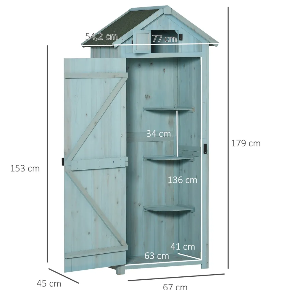 Outsunny trädgårdsskjul för utomhusbruk, redskapsskjul i trä, 3 hyllor, 2 dörrar med spärrar, sluttande bitumentak, 77L x 54B x 179H cm, behandlad gran, blå