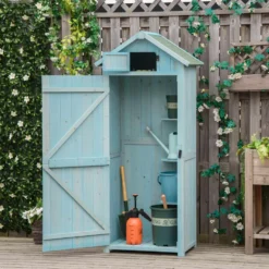 Outsunny trädgårdsskjul för utomhusbruk, redskapsskjul i trä, 3 hyllor, 2 dörrar med spärrar, sluttande bitumentak, 77L x 54B x 179H cm, behandlad gran, blå