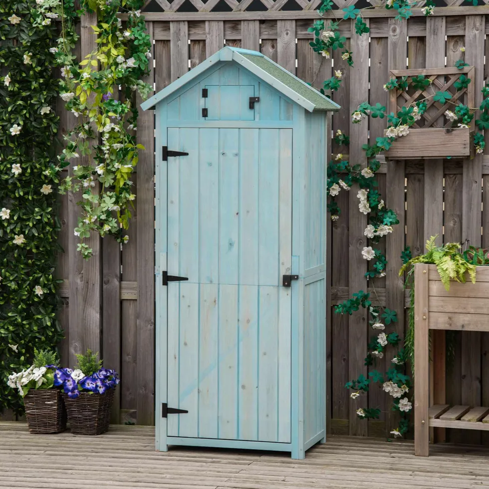 Outsunny trädgårdsskjul för utomhusbruk, redskapsskjul i trä, 3 hyllor, 2 dörrar med spärrar, sluttande bitumentak, 77L x 54B x 179H cm, behandlad gran, blå