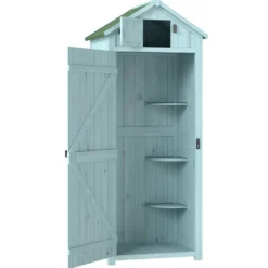 Outsunny trädgårdsskjul för utomhusbruk, redskapsskjul i trä, 3 hyllor, 2 dörrar med spärrar, sluttande bitumentak, 77L x 54B x 179H cm, behandlad gran, blå