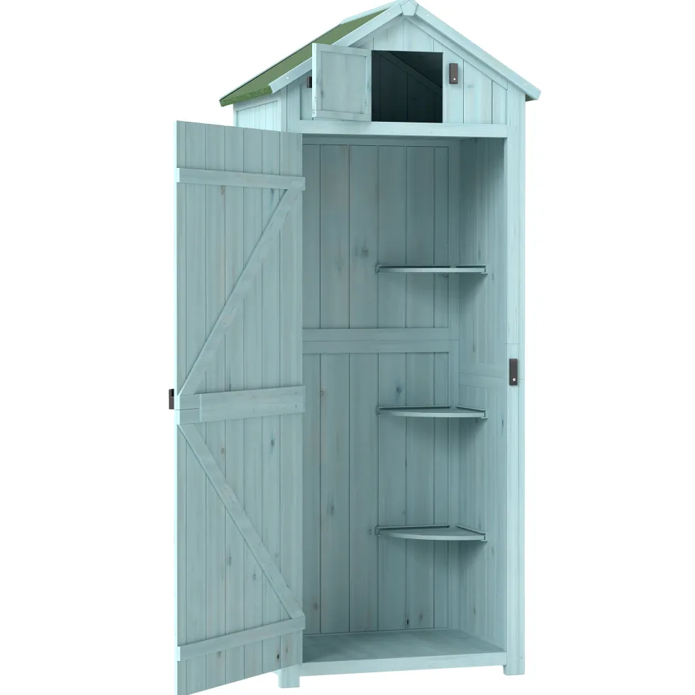 Outsunny trädgårdsskjul för utomhusbruk, redskapsskjul i trä, 3 hyllor, 2 dörrar med spärrar, sluttande bitumentak, 77L x 54B x 179H cm, behandlad gran, blå