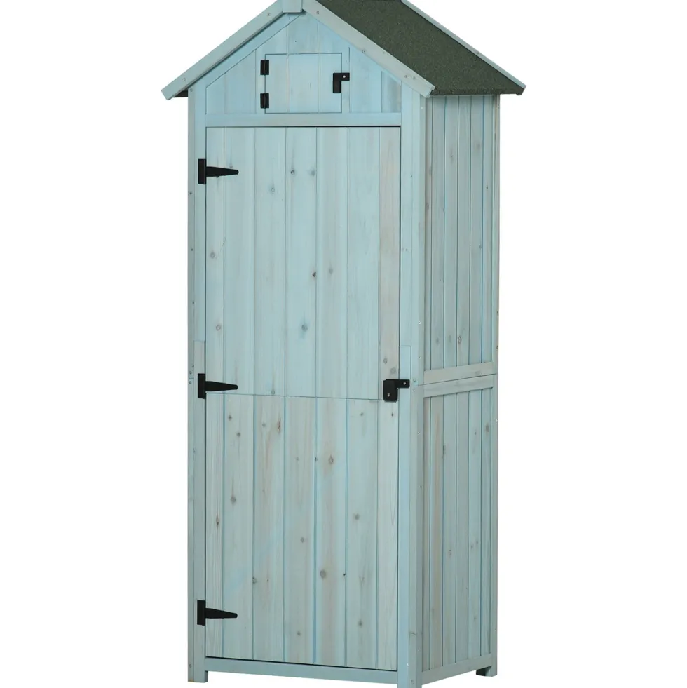 Outsunny trädgårdsskjul för utomhusbruk, redskapsskjul i trä, 3 hyllor, 2 dörrar med spärrar, sluttande bitumentak, 77L x 54B x 179H cm, behandlad gran, blå
