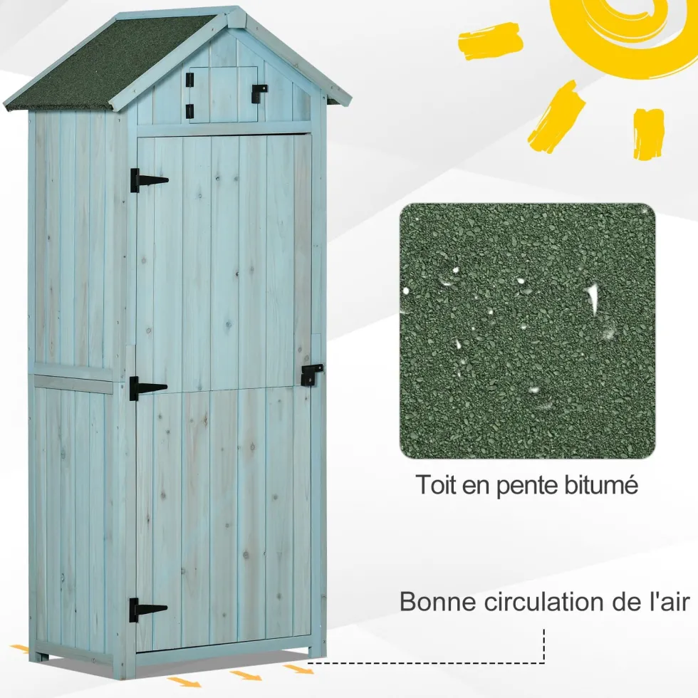 Outsunny trädgårdsskjul för utomhusbruk, redskapsskjul i trä, 3 hyllor, 2 dörrar med spärrar, sluttande bitumentak, 77L x 54B x 179H cm, behandlad gran, blå