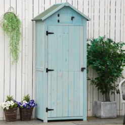 Outsunny trädgårdsskjul för utomhusbruk, redskapsskjul i trä, 3 hyllor, 2 dörrar med spärrar, sluttande bitumentak, 77L x 54B x 179H cm, behandlad gran, blå