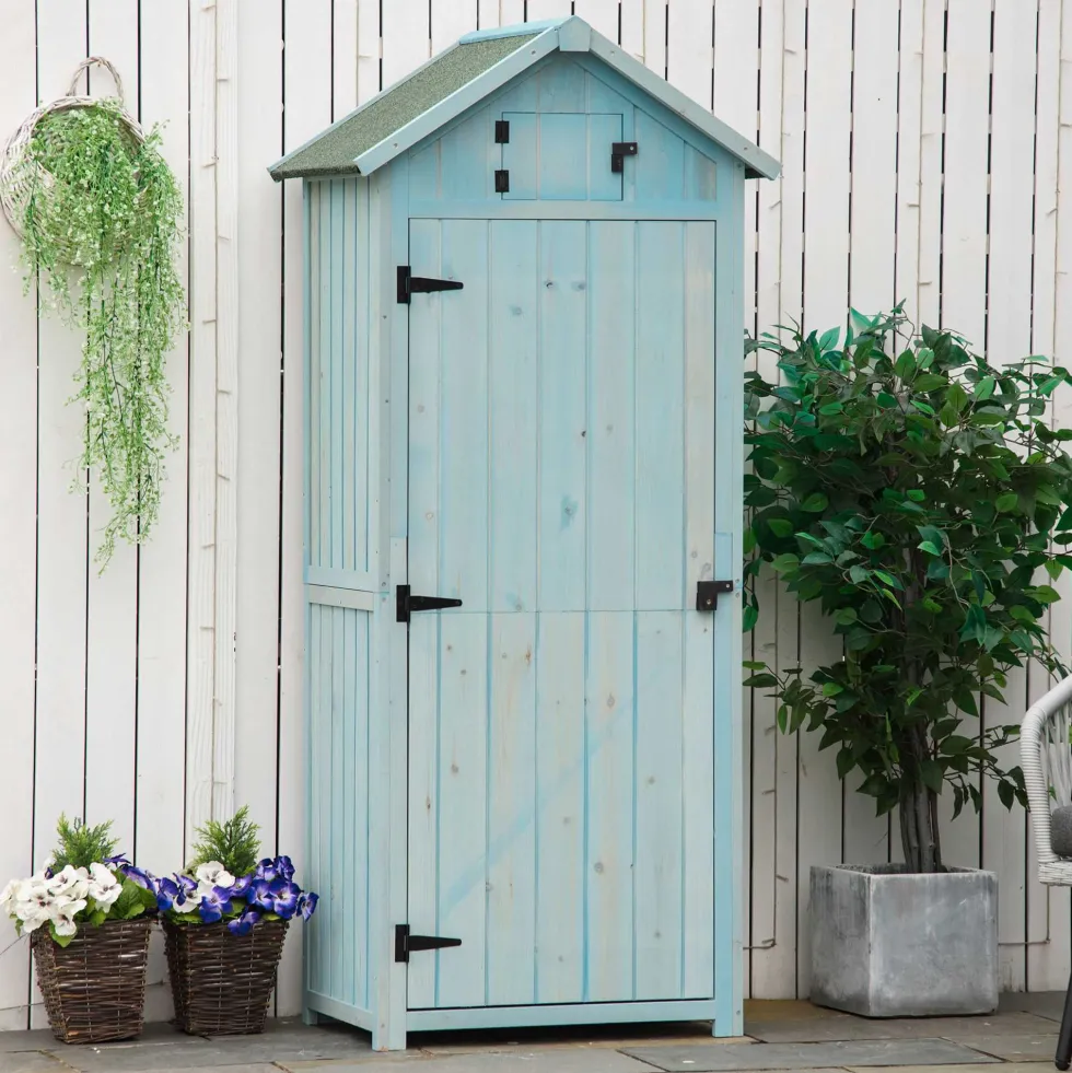 Outsunny trädgårdsskjul för utomhusbruk, redskapsskjul i trä, 3 hyllor, 2 dörrar med spärrar, sluttande bitumentak, 77L x 54B x 179H cm, behandlad gran, blå