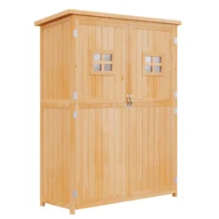 Outsunny trädgårdsskjul i trä, trädgårdsskåp, mått: 127,5L x 50B x 164H cm, 2 hyllor, 2 dörrar, 2 fönster, vattentätt bitumentak, massivt, föroljat granträ, naturträ