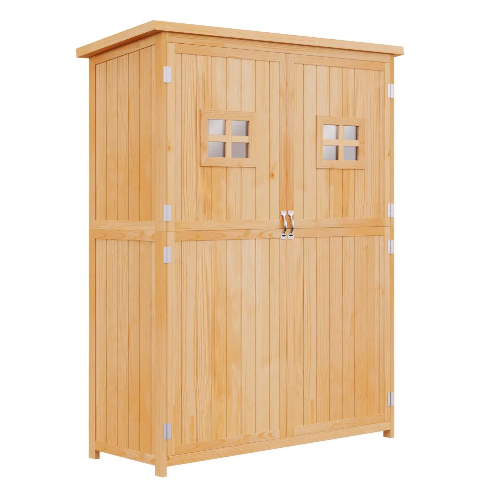 Outsunny trädgårdsskjul i trä, trädgårdsskåp, mått: 127,5L x 50B x 164H cm, 2 hyllor, 2 dörrar, 2 fönster, vattentätt bitumentak, massivt, föroljat granträ, naturträ
