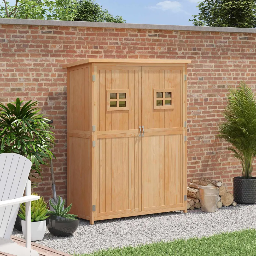 Outsunny trädgårdsskjul i trä, trädgårdsskåp, mått: 127,5L x 50B x 164H cm, 2 hyllor, 2 dörrar, 2 fönster, vattentätt bitumentak, massivt, föroljat granträ, naturträ