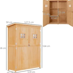 Outsunny trädgårdsskjul i trä, trädgårdsskåp, mått: 127,5L x 50B x 164H cm, 2 hyllor, 2 dörrar, 2 fönster, vattentätt bitumentak, massivt, föroljat granträ, naturträ