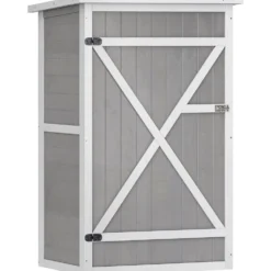 Outsunny trädgårdsskjul/redskapsskjul, oljat granträ, sluttande bitumentak - Stor låsbar dörr med spärr - 2 hyllor - Mått: 75L x 56B x 115H cm