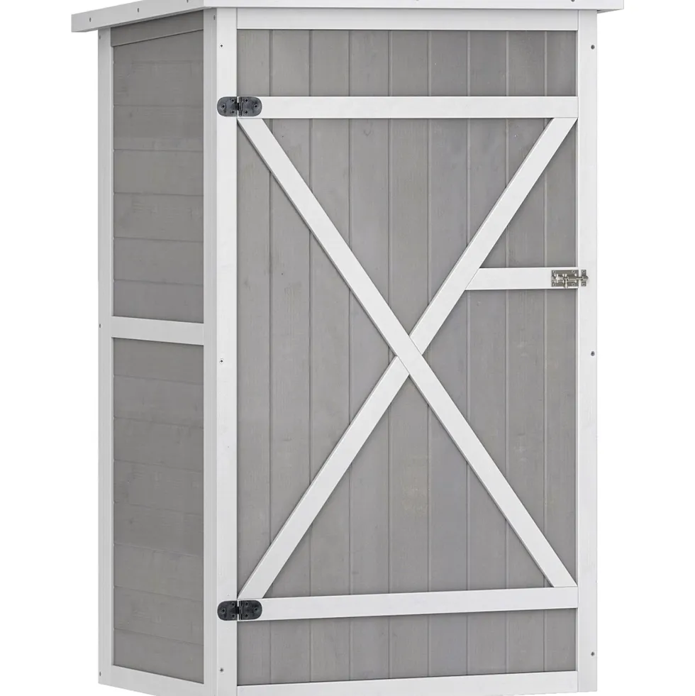 Outsunny trädgårdsskjul/redskapsskjul, oljat granträ, sluttande bitumentak - Stor låsbar dörr med spärr - 2 hyllor - Mått: 75L x 56B x 115H cm