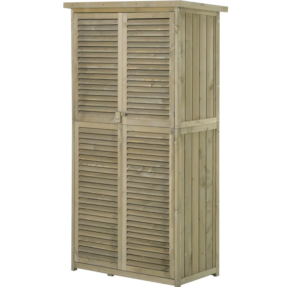 Outsunny trädgårdsskjul/redskapsskjul, fristående, mått: 87L x 47B x 160H cm, 2 hyllor, lamelldörrar, vattentätt bitumentak, sandbehandlat furuträ