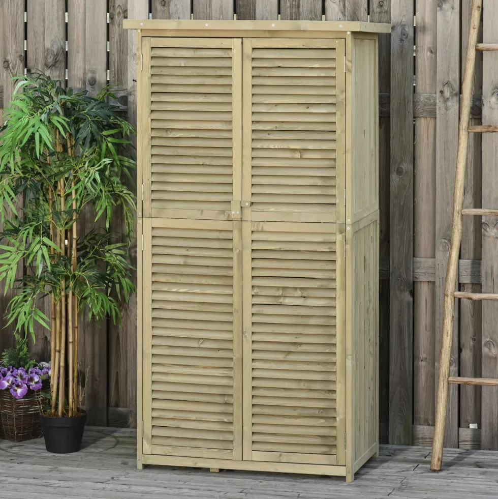 Outsunny trädgårdsskjul/redskapsskjul, fristående, mått: 87L x 47B x 160H cm, 2 hyllor, lamelldörrar, vattentätt bitumentak, sandbehandlat furuträ