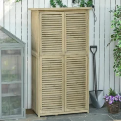Outsunny trädgårdsskjul/redskapsskjul, fristående, mått: 87L x 47B x 160H cm, 2 hyllor, lamelldörrar, vattentätt bitumentak, sandbehandlat furuträ