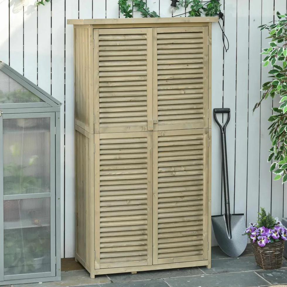 Outsunny trädgårdsskjul/redskapsskjul, fristående, mått: 87L x 47B x 160H cm, 2 hyllor, lamelldörrar, vattentätt bitumentak, sandbehandlat furuträ
