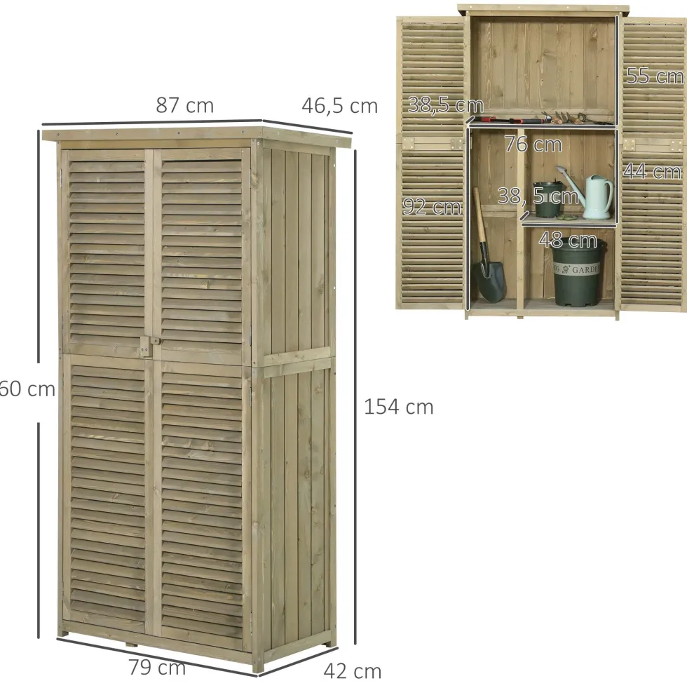 Outsunny trädgårdsskjul/redskapsskjul, fristående, mått: 87L x 47B x 160H cm, 2 hyllor, lamelldörrar, vattentätt bitumentak, sandbehandlat furuträ