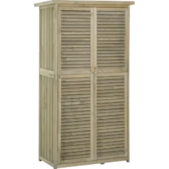 Outsunny trädgårdsskjul/redskapsskjul, fristående, mått: 87L x 47B x 160H cm, 2 hyllor, lamelldörrar, vattentätt bitumentak, sandbehandlat furuträ