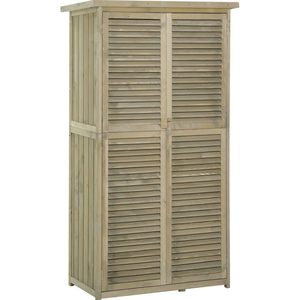 Outsunny trädgårdsskjul/redskapsskjul, fristående, mått: 87L x 47B x 160H cm, 2 hyllor, lamelldörrar, vattentätt bitumentak, sandbehandlat furuträ