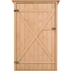Outsunny trädgårdsskjul/redskapsskjul, oljat granträ, sluttande bitumentak - Stor låsbar dörr med spärr - 2 hyllor - Mått: 75L x 56B x 115H cm