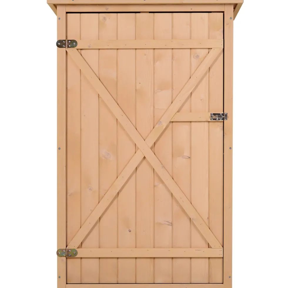 Outsunny trädgårdsskjul/redskapsskjul, oljat granträ, sluttande bitumentak - Stor låsbar dörr med spärr - 2 hyllor - Mått: 75L x 56B x 115H cm
