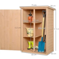 Outsunny trädgårdsskjul/redskapsskjul, oljat granträ, sluttande bitumentak - Stor låsbar dörr med spärr - 2 hyllor - Mått: 75L x 56B x 115H cm