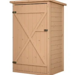 Outsunny trädgårdsskjul/redskapsskjul, oljat granträ, sluttande bitumentak - Stor låsbar dörr med spärr - 2 hyllor - Mått: 75L x 56B x 115H cm