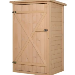 Outsunny trädgårdsskjul/redskapsskjul, oljat granträ, sluttande bitumentak - Stor låsbar dörr med spärr - 2 hyllor - Mått: 75L x 56B x 115H cm