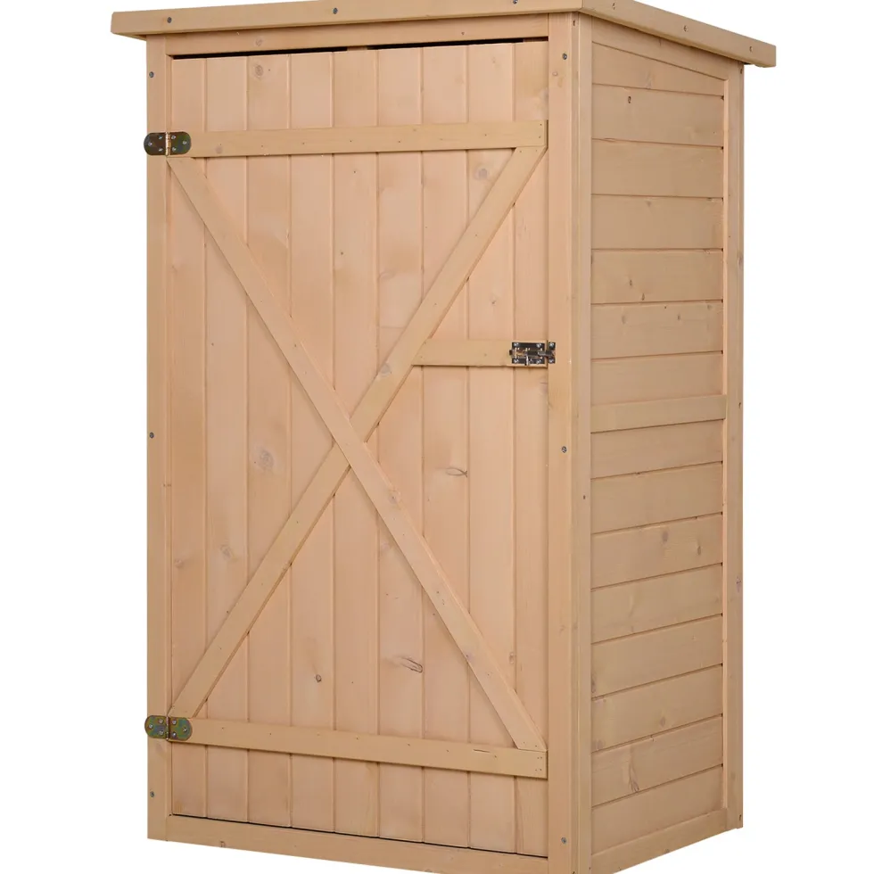 Outsunny trädgårdsskjul/redskapsskjul, oljat granträ, sluttande bitumentak - Stor låsbar dörr med spärr - 2 hyllor - Mått: 75L x 56B x 115H cm