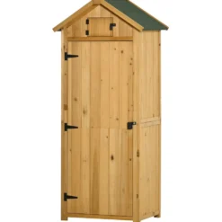 Outsunny Trädgårdsskjul, Väderbeständigt Verktygsskjul 77x54,2x179cm, Trädgårdsskjul med Dörr, Sadeltak, Verktygsskåp med Hyllor, Trädgårdsredskapsskjul för Trädgård, Uteplats, Gul+Grön