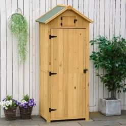 Outsunny Trädgårdsskjul, Väderbeständigt Verktygsskjul 77x54,2x179cm, Trädgårdsskjul med Dörr, Sadeltak, Verktygsskåp med Hyllor, Trädgårdsredskapsskjul för Trädgård, Uteplats, Gul+Grön