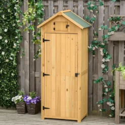 Outsunny Trädgårdsskjul, Väderbeständigt Verktygsskjul 77x54,2x179cm, Trädgårdsskjul med Dörr, Sadeltak, Verktygsskåp med Hyllor, Trädgårdsredskapsskjul för Trädgård, Uteplats, Gul+Grön