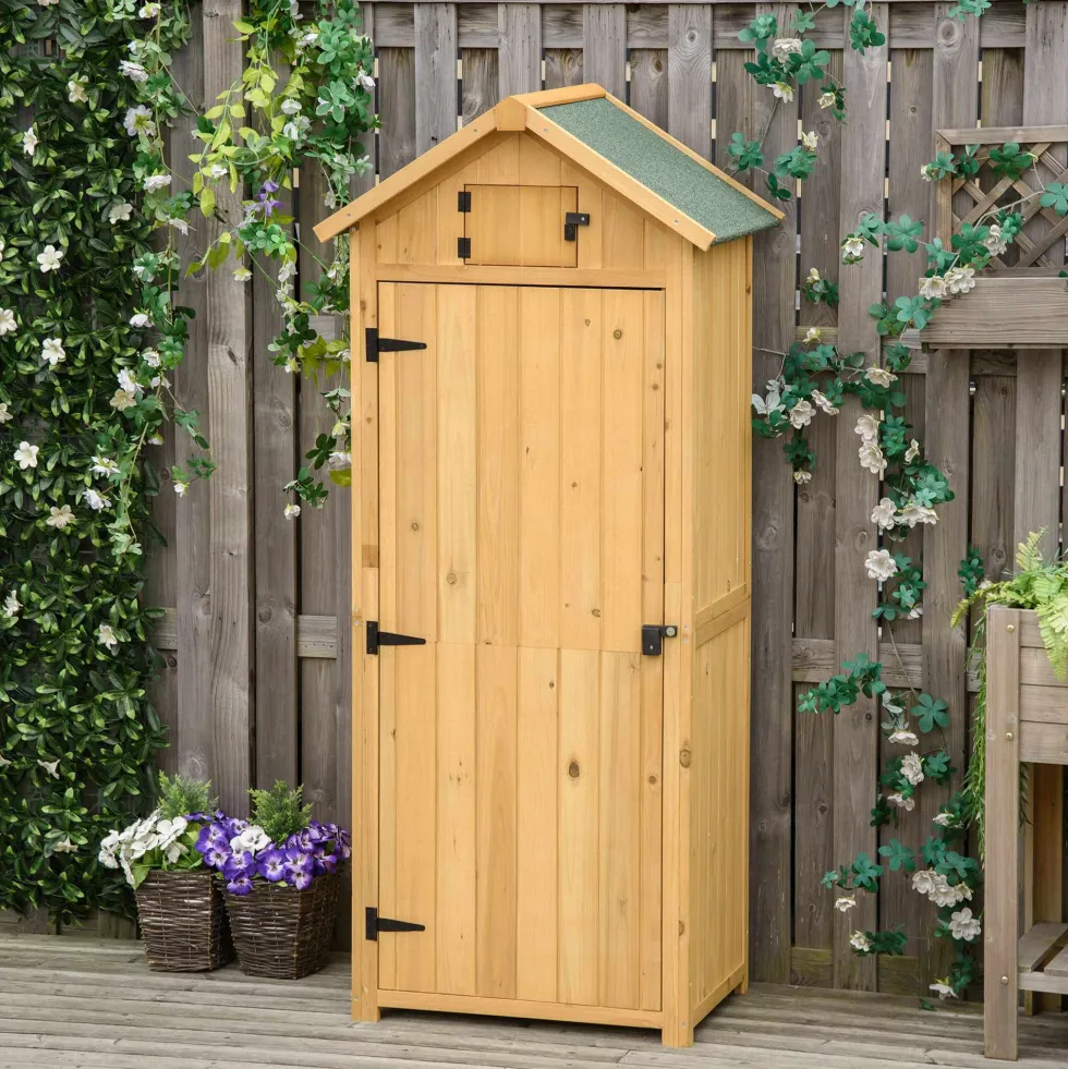Outsunny Trädgårdsskjul, Väderbeständigt Verktygsskjul 77x54,2x179cm, Trädgårdsskjul med Dörr, Sadeltak, Verktygsskåp med Hyllor, Trädgårdsredskapsskjul för Trädgård, Uteplats, Gul+Grön