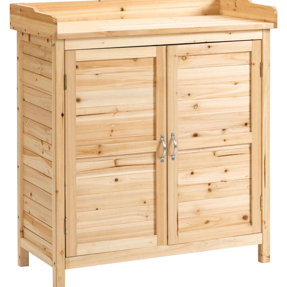 Outsunny trädgårdsskjul/verktygsskåp med dubbeldörrar och innerhylla, massivt, föroljat granträ, mått: 83L x 40B x 92H cm, naturfärgad