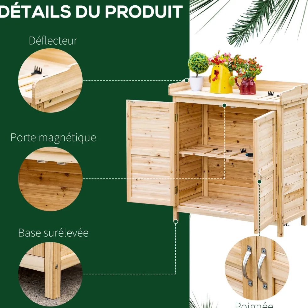Outsunny trädgårdsskjul/verktygsskåp med dubbeldörrar och innerhylla, massivt, föroljat granträ, mått: 83L x 40B x 92H cm, naturfärgad