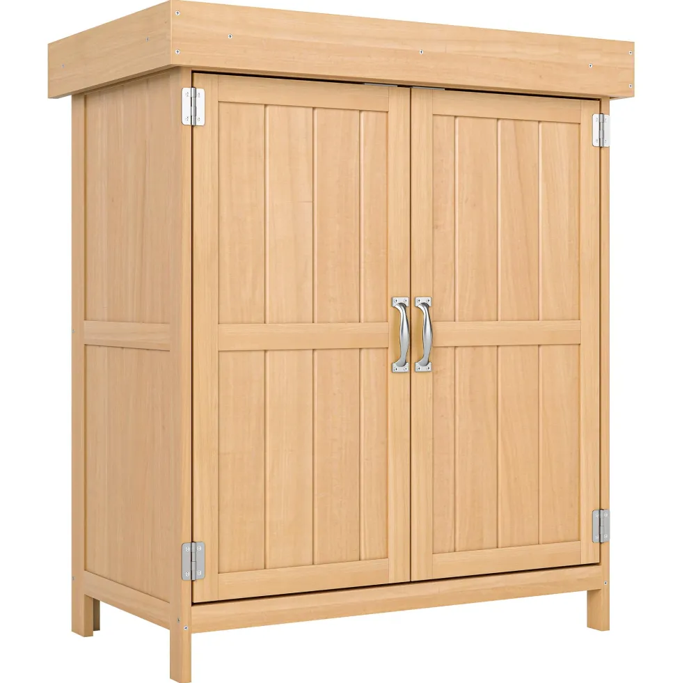 Outsunny Trädgårdsskjul 74x43x88 cm Utomhusskjul för förvaring av verktyg och ved med 2 dörrar och gångjärnsförsett asfalttak i naturlig färg