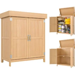 Outsunny Trädgårdsskjul 74x43x88 cm Utomhusskjul för förvaring av verktyg och ved med 2 dörrar och gångjärnsförsett asfalttak i naturlig färg