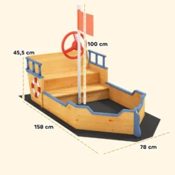 Outsunny träsandlåda för barn, Galleon-design, med 2 steg, bänk med förvaring, flagga och hjul, trädgårdssandlåda för barn 3+ år, 158x78x45,5 cm, naturfärgad