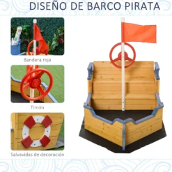 Outsunny träsandlåda för barn, Galleon-design, med 2 steg, bänk med förvaring, flagga och hjul, trädgårdssandlåda för barn 3+ år, 158x78x45,5 cm, naturfärgad