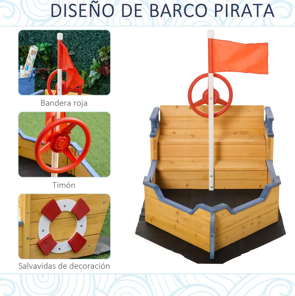 Outsunny träsandlåda för barn, Galleon-design, med 2 steg, bänk med förvaring, flagga och hjul, trädgårdssandlåda för barn 3+ år, 158x78x45,5 cm, naturfärgad